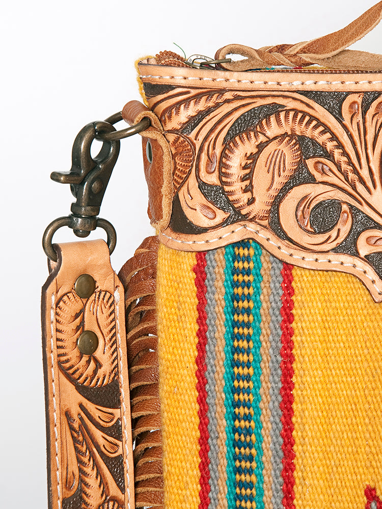 American Darling Large Cross body Bag, Hand Tooled Floral Leather, Hand Woven Saddle Blanket with Fringes, Western Crossbody