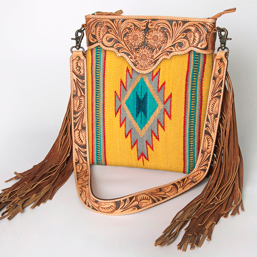 American Darling Large Cross body Bag - Hand Tooled Floral Leather and Woven Saddle Blanket Purse - Uhorse