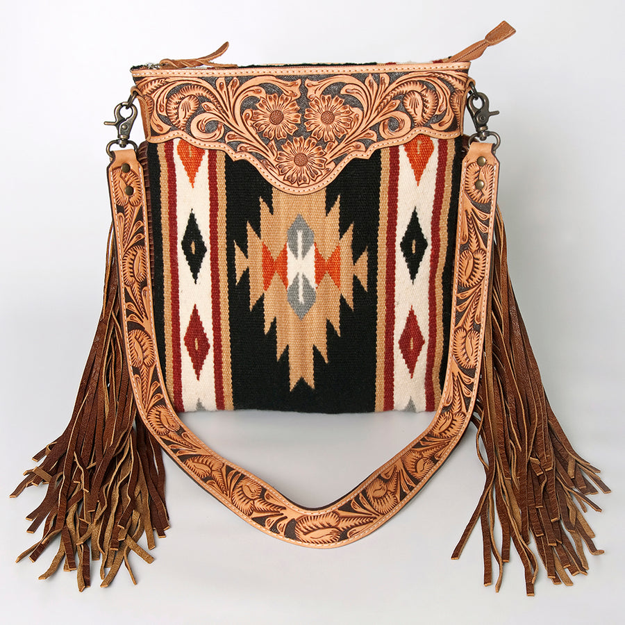 American Darling Large Cross body Bag, Hand Tooled Floral Leather, Hand Woven Saddle Blanket with Fringes, Western Crossbody