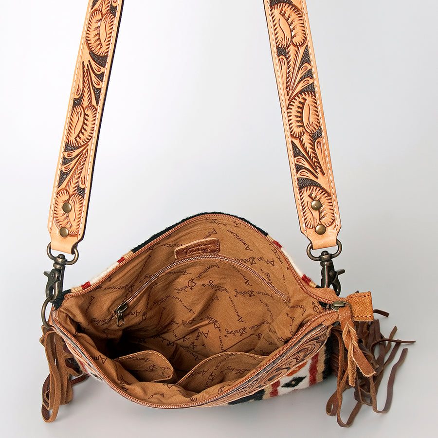 American Darling Large Cross body Bag, Hand Tooled Floral Leather, Hand Woven Saddle Blanket with Fringes, Western Crossbody