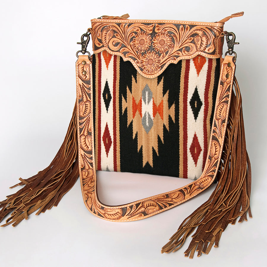 American Darling Large Cross body Bag - Hand Tooled Floral Leather and Woven Saddle Blanket Purse - Uhorse