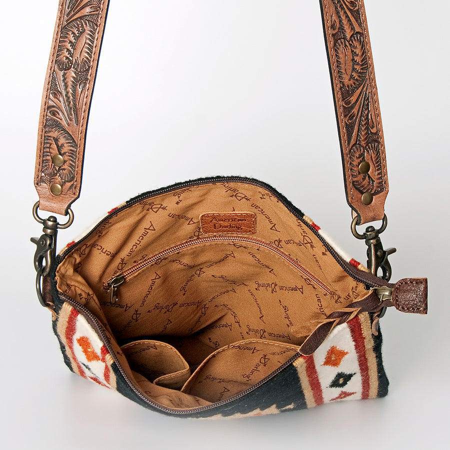 American Darling Large Cross body Bag for Women, Hand Tooled Floral Leather, Hand Woven Saddle Blanket, Genuine Leather Purse