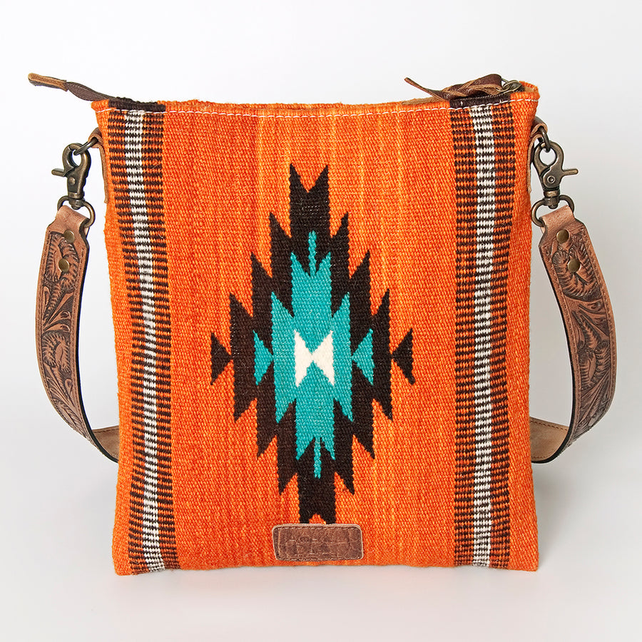 American Darling Large Cross body Bag for Women, Hand Tooled Leather & Woven Saddle Blanket, Western Style Genuine Leather