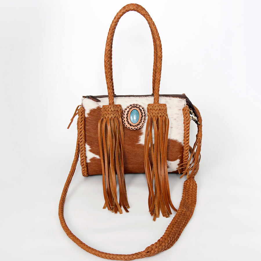 American Darling Speedy Bag, Genuine Vegetable-Tanned Leather Handbag with Turquoise Stone & Braided Handles, 12in (W)