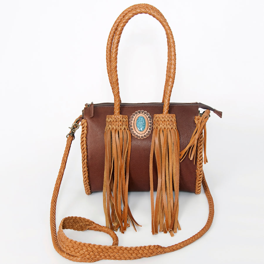American Darling Speedy Bag, Genuine Vegetable-Tanned Leather Handbag with Turquoise Stone & Braided Handles, 12in (W)