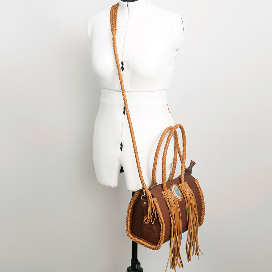 American Darling Speedy Bag, Genuine Vegetable-Tanned Leather Handbag with Turquoise Stone & Braided Handles, 12in (W)