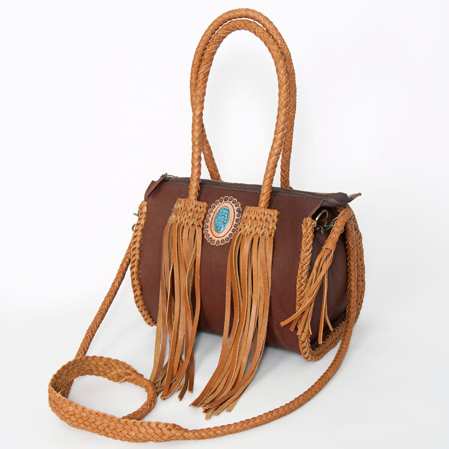 American Darling Handcrafted Leather Speedy Bag with Turquoise Stone and Fringes - Uhorse