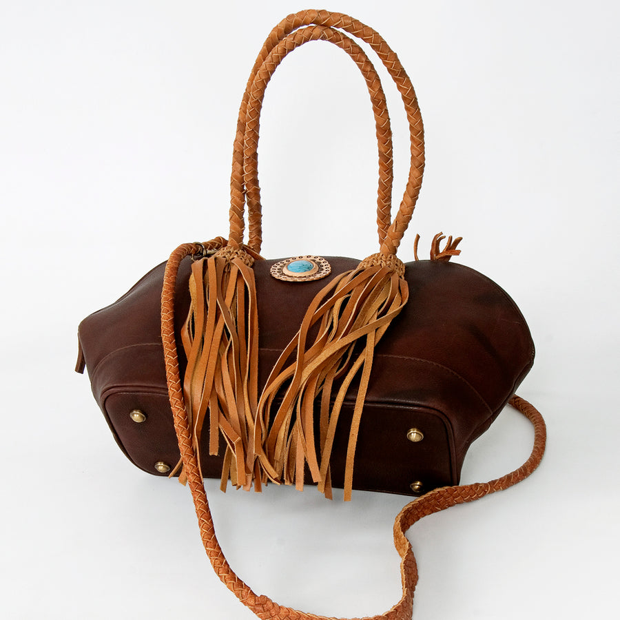 American Darling Tote Bag, Genuine Vegetable-Tanned Leather, Braided Trim with Fringes & Turquoise Stone, Western Handbag