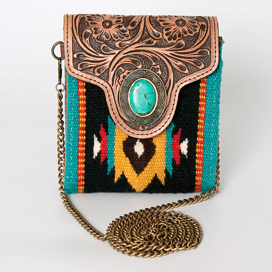 American Darling Small Cross body Bag Western Leather Hair-On Cowhide Hand Tooled Floral Turquoise Concho 5.5x5