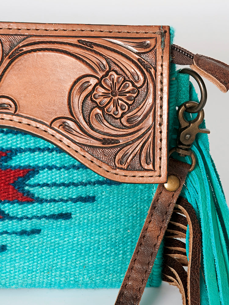 American Darling Small Cross body Bag Hand Tooled Floral Carved Saddle Blanket Genuine Leather Western Purse with Fringes