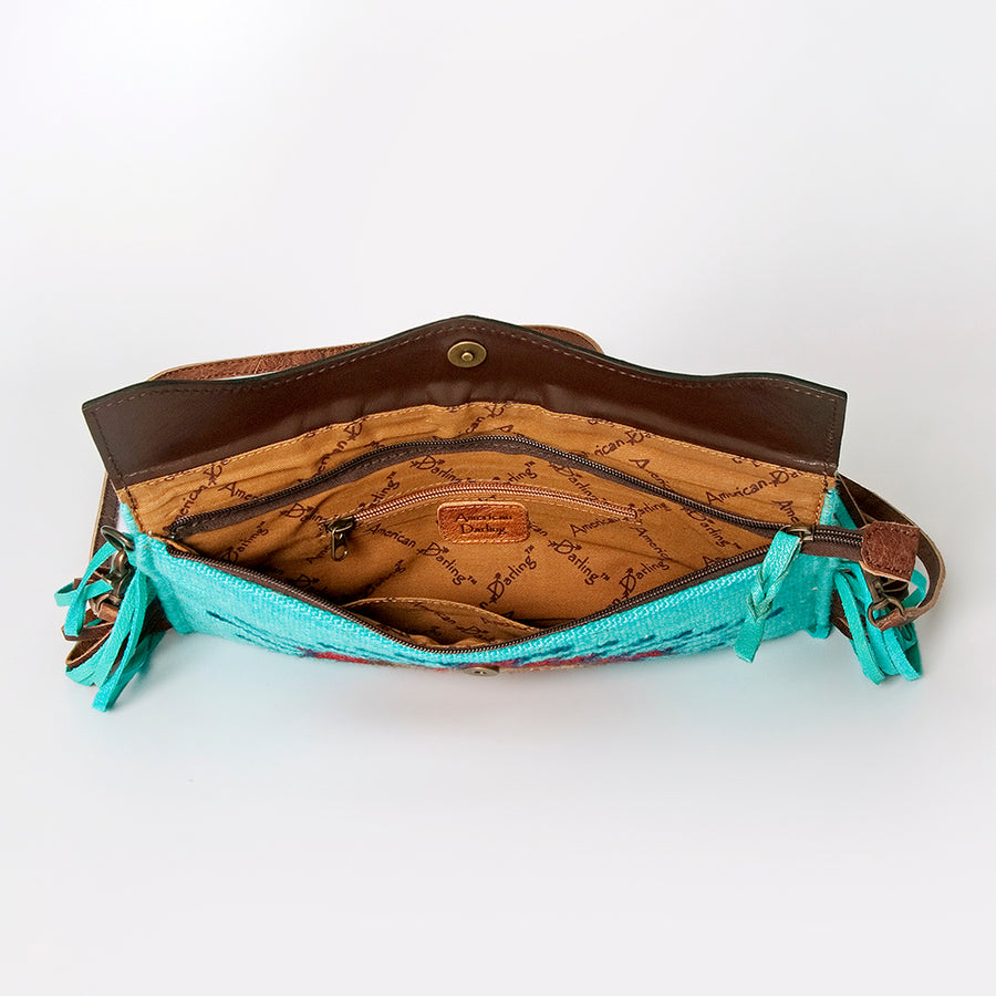 American Darling Small Cross body Bag Hand Tooled Floral Carved Saddle Blanket Genuine Leather Western Purse with Fringes