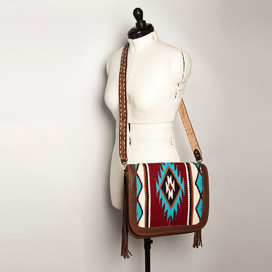 American Darling Hand Tooled Saddle Blanket Cross body Bag Eco-Friendly Genuine Leather Fringed Western Purse YKK Zipper