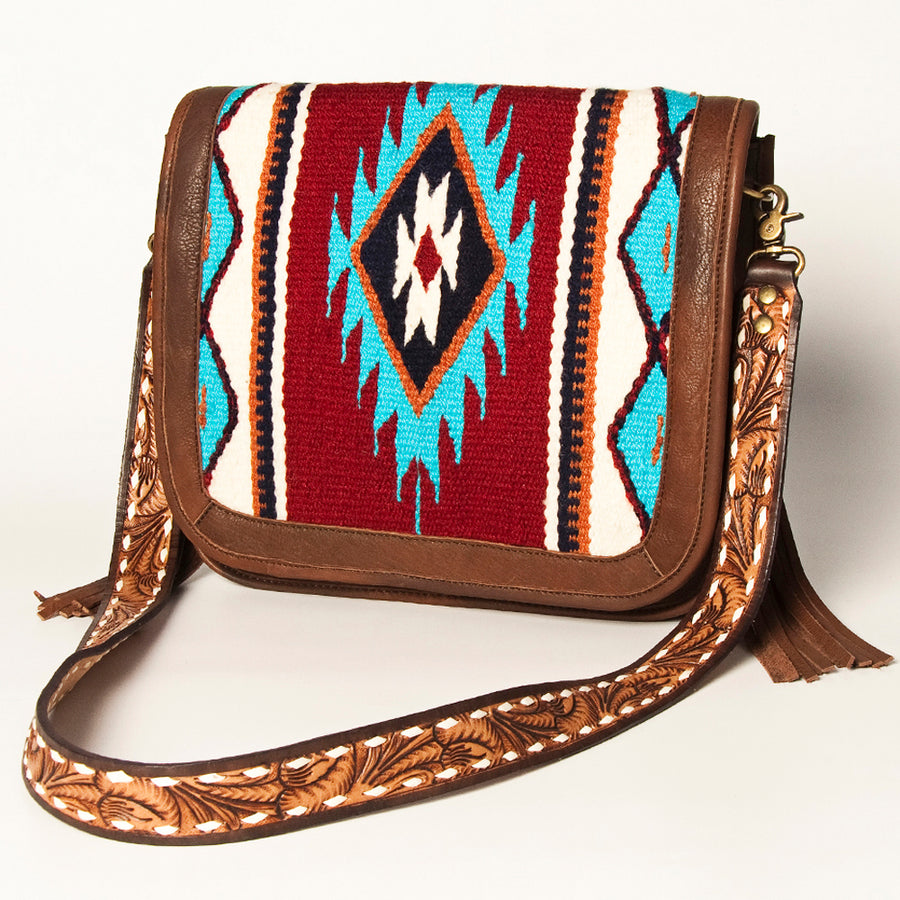 American Darling Hand Tooled Saddle Blanket Fringed Leather Cross body Bag - Uhorse