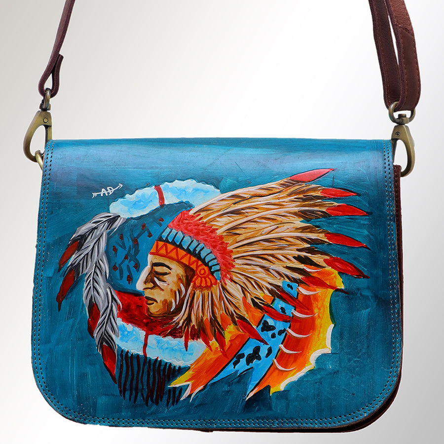 American Darling Messenger Bag, Hand Painted Farmhouse Scene, Vegetable Tanned Full Grain Leather, 8in X 3in X 12in
