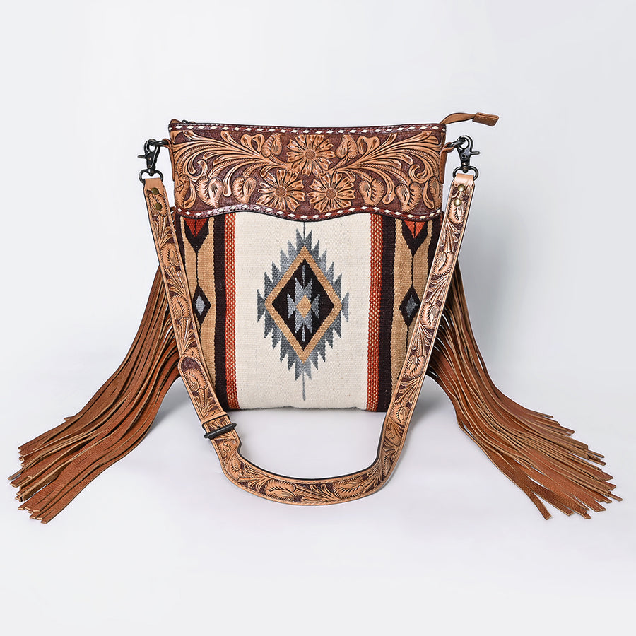 American Darling Signature Cross Body Bag Hand Tooled Floral Carved Leather Woven Saddle Blanket Fringes Genuine Leather