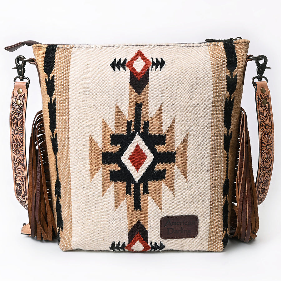 American Darling Signature Cross Body Bag Hand Tooled Floral Carved Leather Woven Saddle Blanket Fringes Genuine Leather