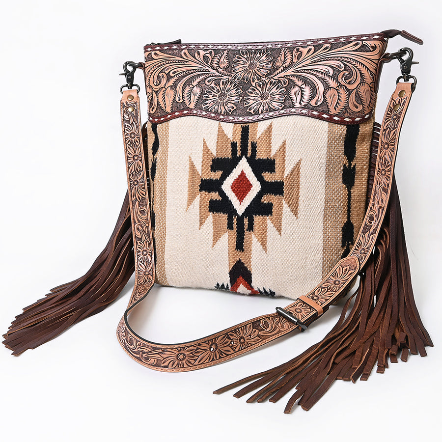 American Darling Signature Cross Body Bag - Hand Tooled Floral Leather and Woven Saddle Blanket - Uhorse