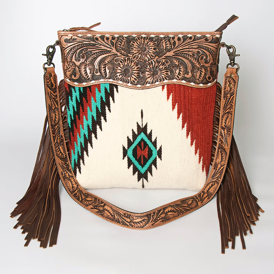 American Darling Signature Cross Body Bag Hand Tooled Floral Carved Leather Woven Saddle Blanket Fringes Genuine Leather