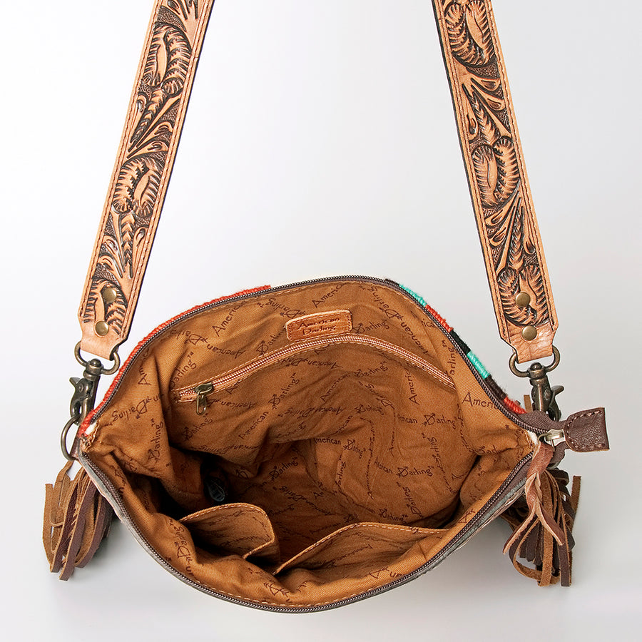 American Darling Signature Cross Body Bag Hand Tooled Floral Carved Leather Woven Saddle Blanket Fringes Genuine Leather