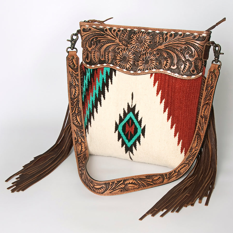 American Darling Signature Cross Body Bag - Hand Tooled Floral Leather and Woven Saddle Blanket - Uhorse
