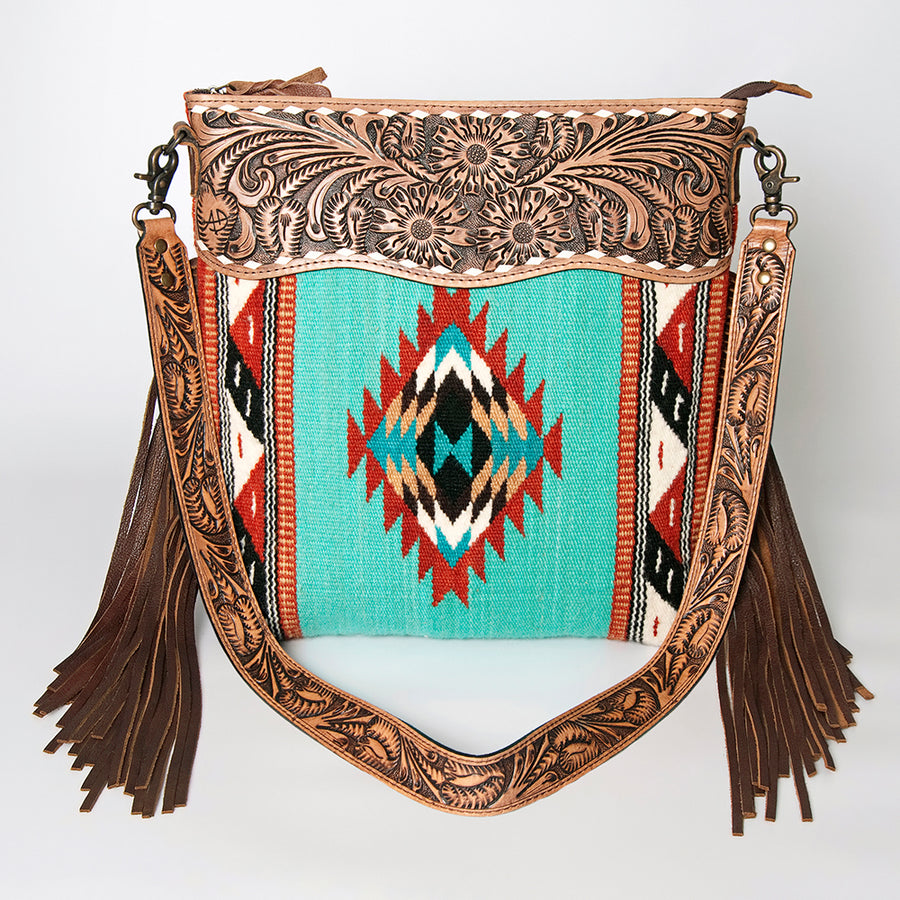 American Darling Signature Cross Body Bag Hand Tooled Floral Carved Leather Woven Saddle Blanket Fringes Genuine Leather
