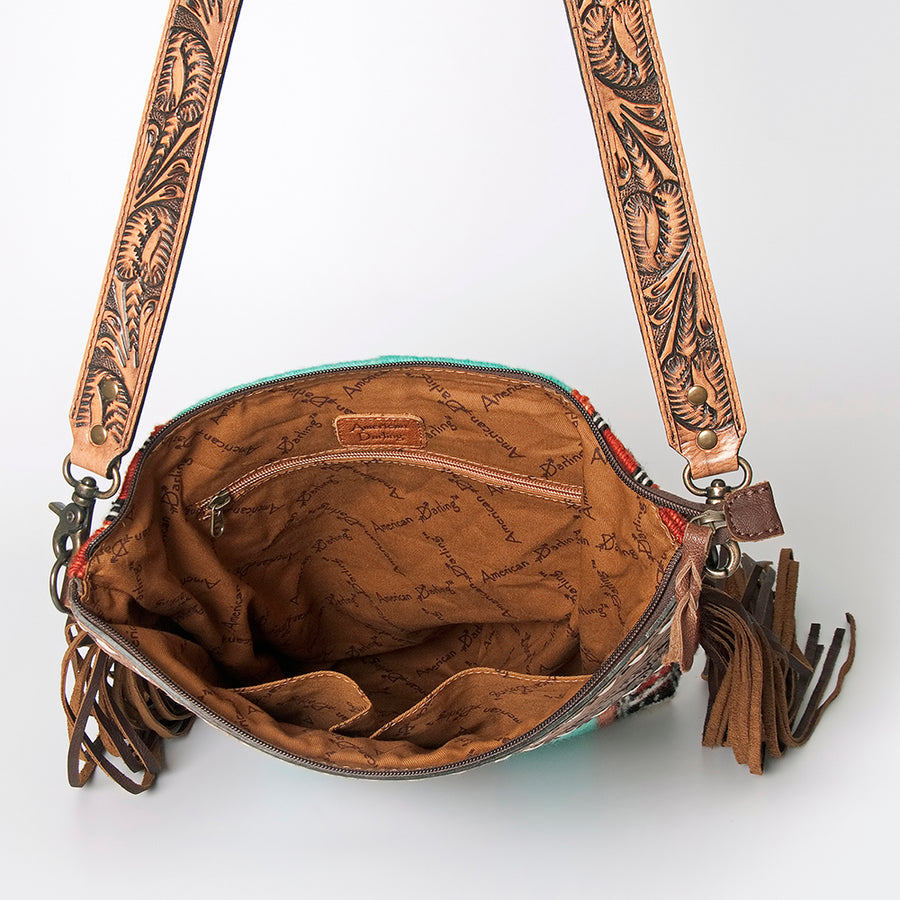 American Darling Signature Cross Body Bag Hand Tooled Floral Carved Leather Woven Saddle Blanket Fringes Genuine Leather