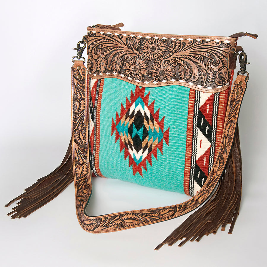 American Darling Signature Cross Body Bag - Hand Tooled Floral Leather and Woven Saddle Blanket - Uhorse