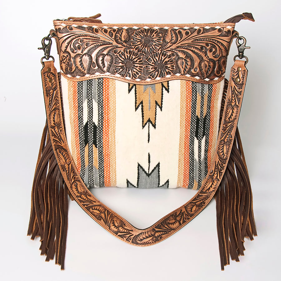 American Darling Signature Cross Body Bag Hand Tooled Floral Carved Leather Woven Saddle Blanket Fringes Genuine Leather