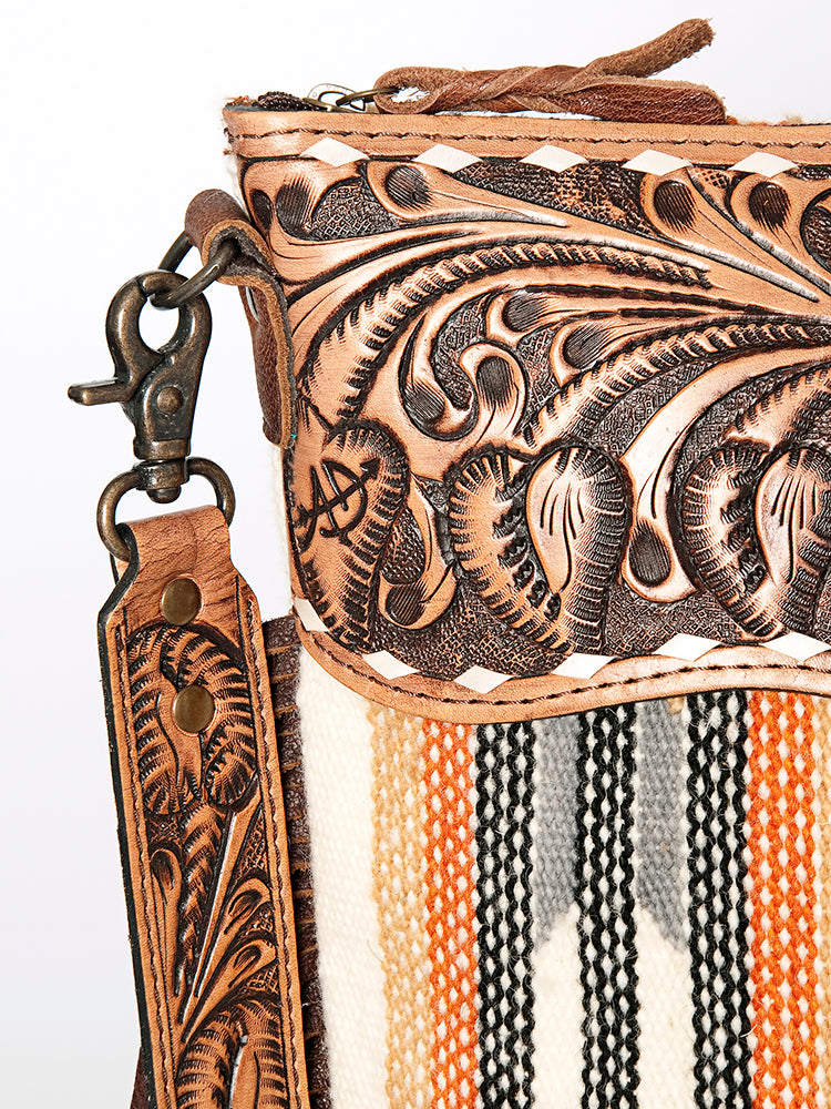 American Darling Signature Cross Body Bag Hand Tooled Floral Carved Leather Woven Saddle Blanket Fringes Genuine Leather