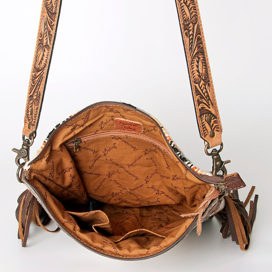 American Darling Signature Cross Body Bag Hand Tooled Floral Carved Leather Woven Saddle Blanket Fringes Genuine Leather