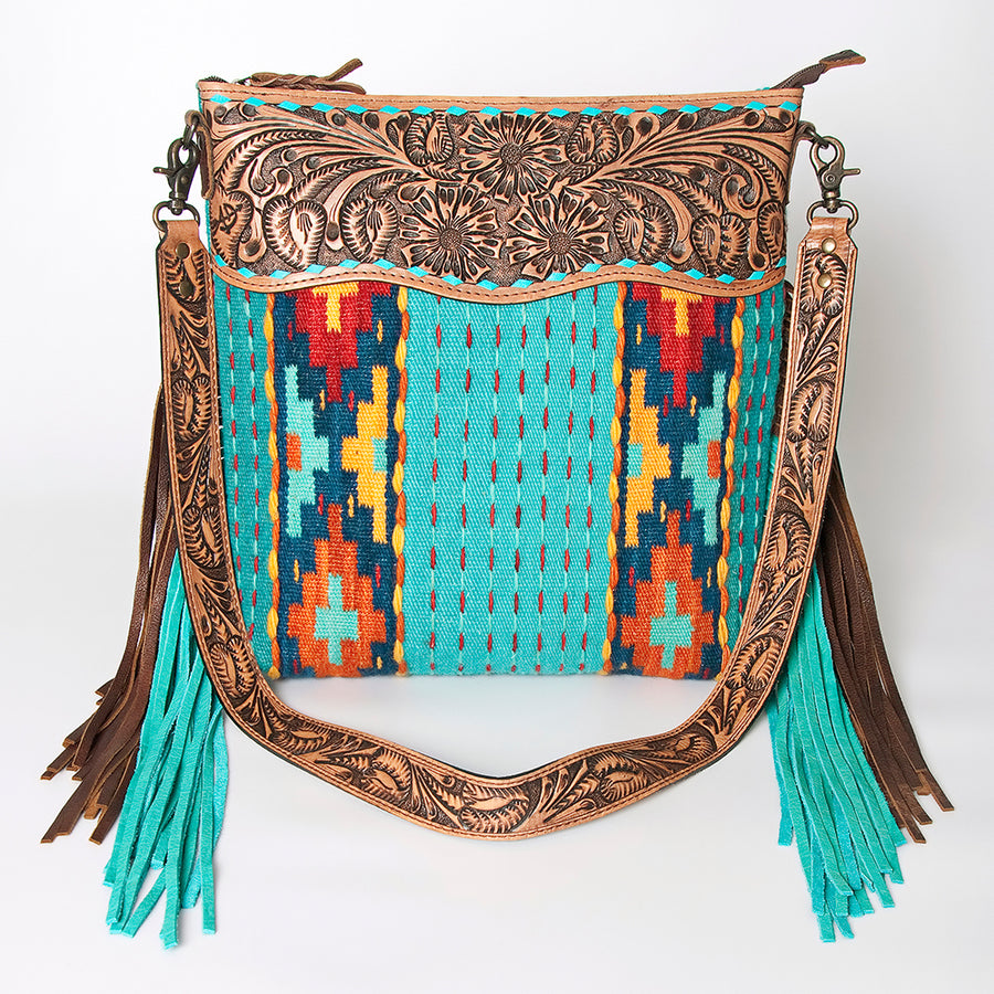 American Darling Signature Cross Body Bag Hand Tooled Floral Carved Leather Woven Saddle Blanket Fringes Genuine Leather