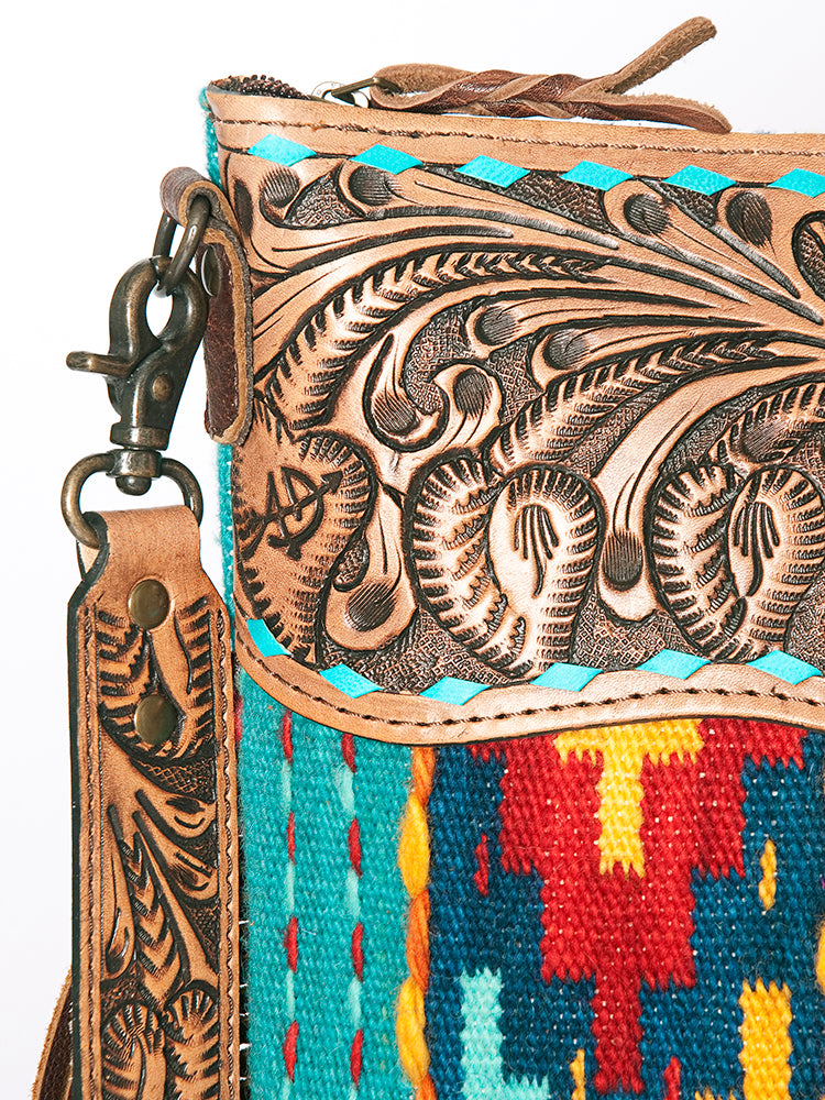 American Darling Signature Cross Body Bag Hand Tooled Floral Carved Leather Woven Saddle Blanket Fringes Genuine Leather