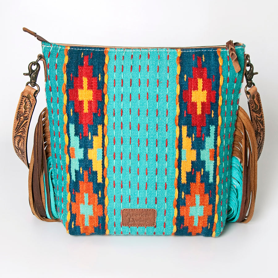 American Darling Signature Cross Body Bag Hand Tooled Floral Carved Leather Woven Saddle Blanket Fringes Genuine Leather