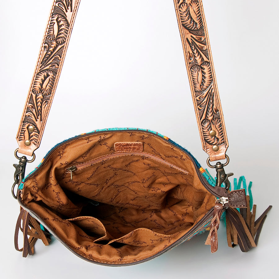 American Darling Signature Cross Body Bag Hand Tooled Floral Carved Leather Woven Saddle Blanket Fringes Genuine Leather