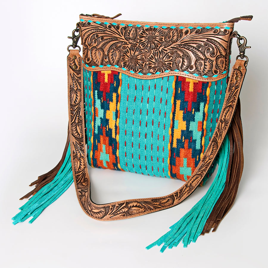 American Darling Signature Cross Body Bag - Hand Tooled Floral Leather and Woven Saddle Blanket - Uhorse