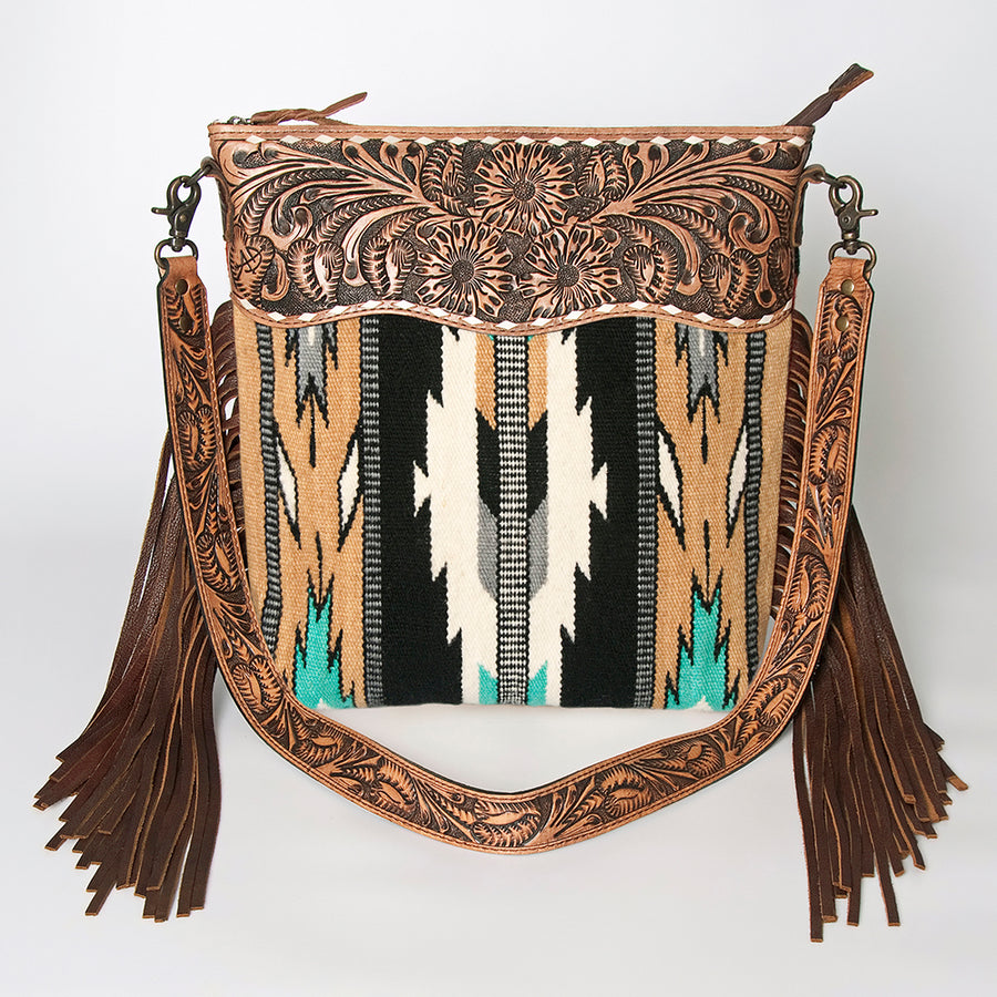 American Darling Signature Cross Body Bag Hand Tooled Floral Carved Leather Woven Saddle Blanket Fringes Genuine Leather