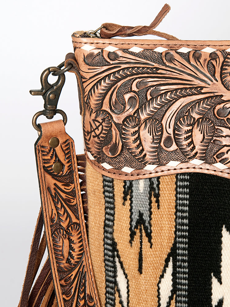 American Darling Signature Cross Body Bag Hand Tooled Floral Carved Leather Woven Saddle Blanket Fringes Genuine Leather