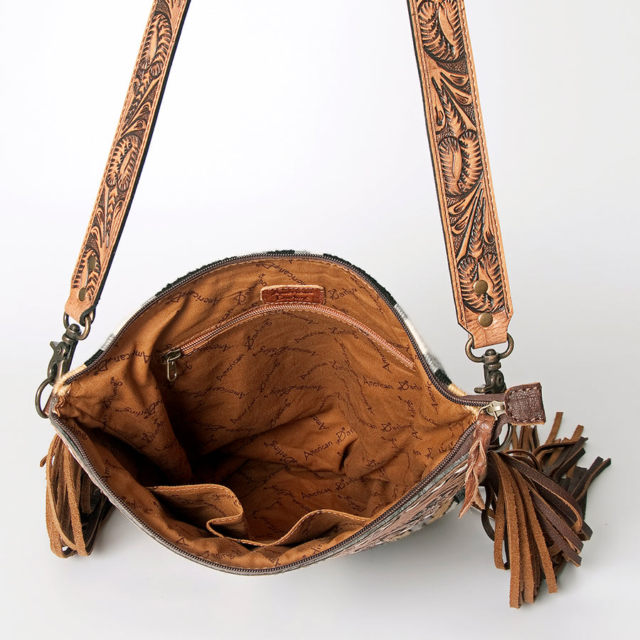 American Darling Signature Cross Body Bag Hand Tooled Floral Carved Leather Woven Saddle Blanket Fringes Genuine Leather