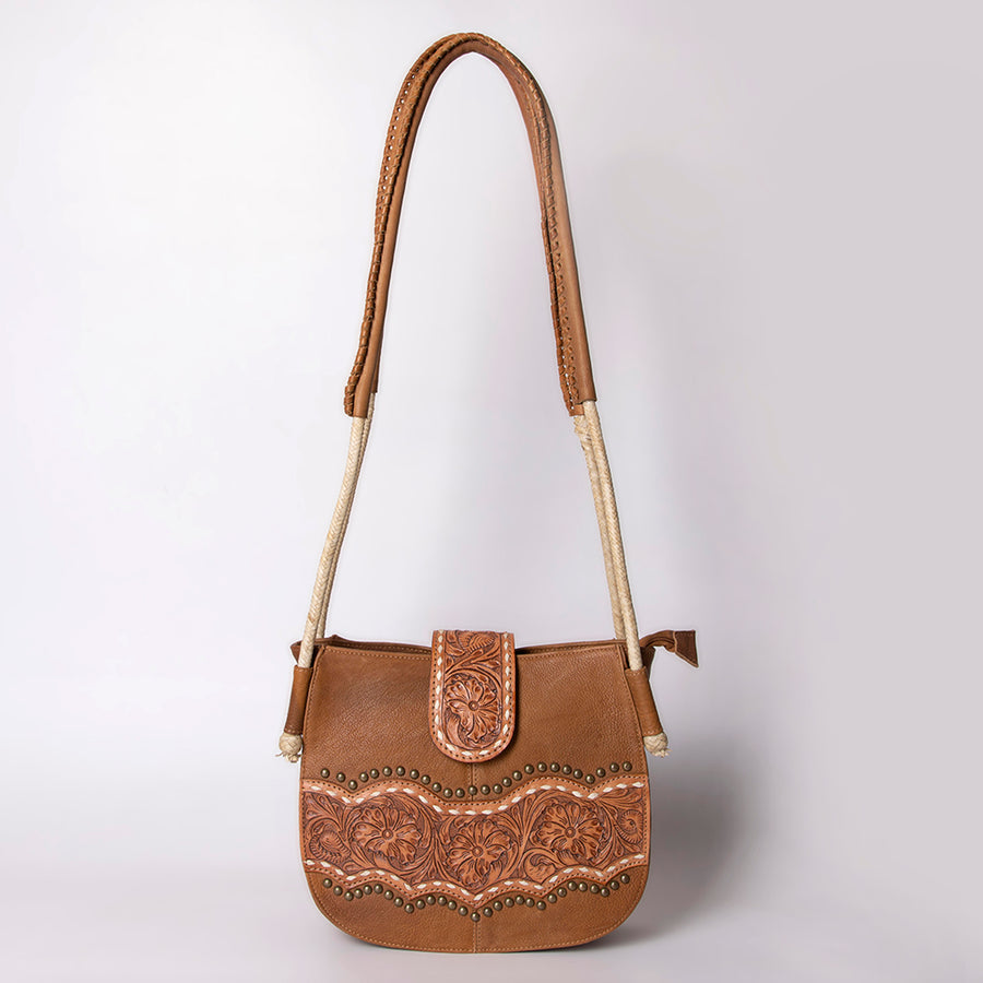 American Darling Messenger Bag, Hand-Tooled Floral Western Leather Purse, Buck Stitched, 9.5in (H) X 12in (W) X 3.5in (D)