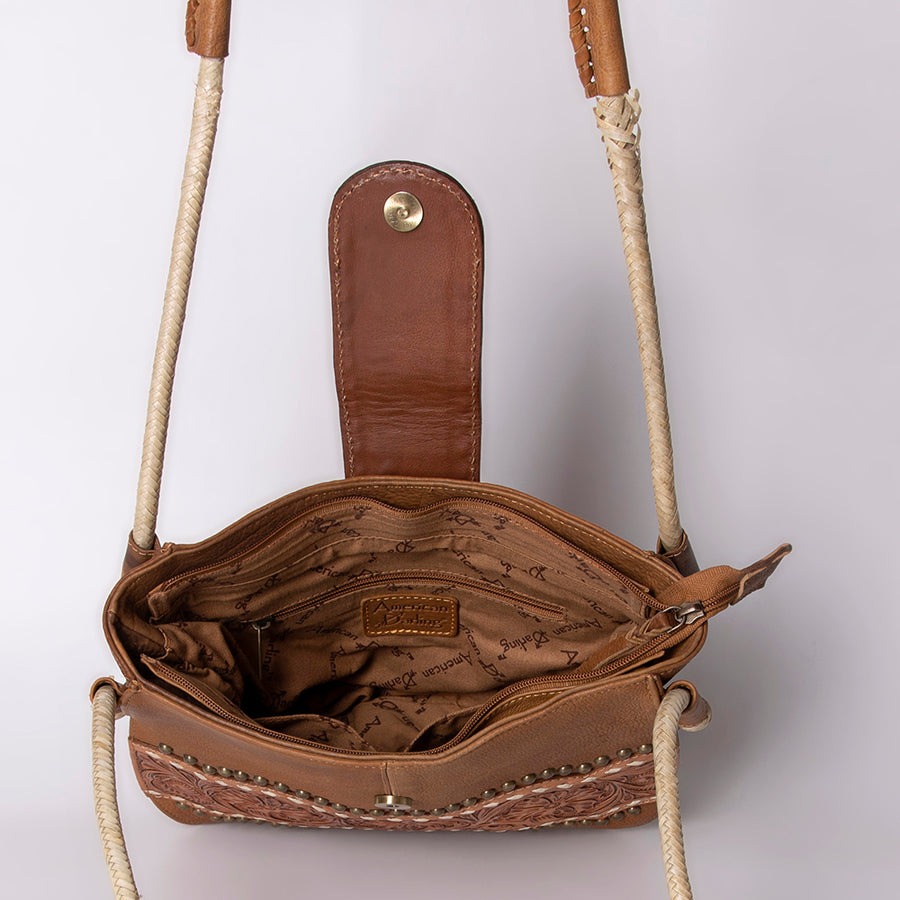 American Darling Messenger Bag, Hand-Tooled Floral Western Leather Purse, Buck Stitched, 9.5in (H) X 12in (W) X 3.5in (D)