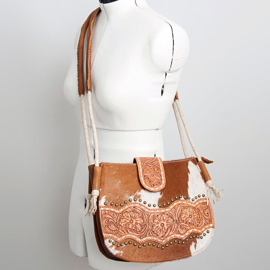 American Darling Messenger Bag, Hand-Tooled Floral Western Leather Purse, Buck Stitched, 9.5in (H) X 12in (W) X 3.5in (D)