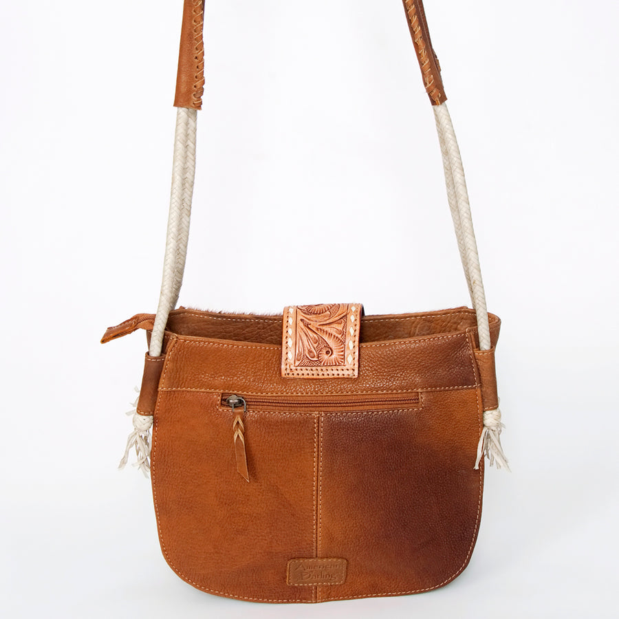 American Darling Messenger Bag, Hand-Tooled Floral Western Leather Purse, Buck Stitched, 9.5in (H) X 12in (W) X 3.5in (D)
