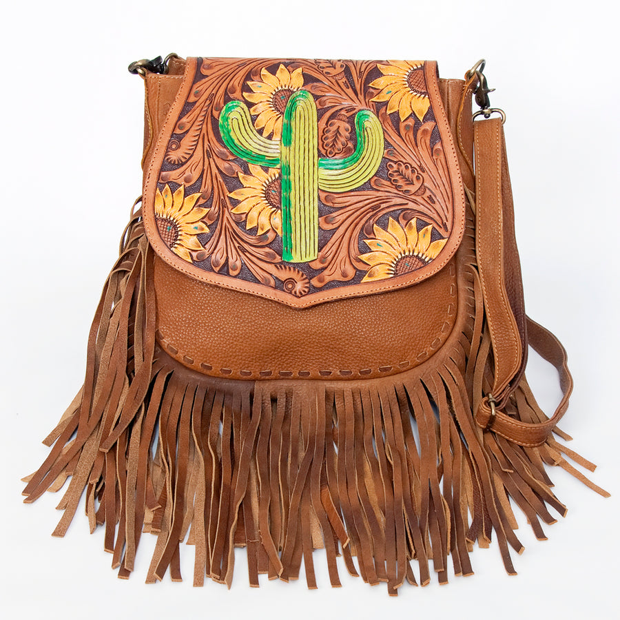 American Darling Messenger Bag Hand Tooled Sunflower Cactus Leather with Fringes Western Crossbody 11.5in x 11.5in
