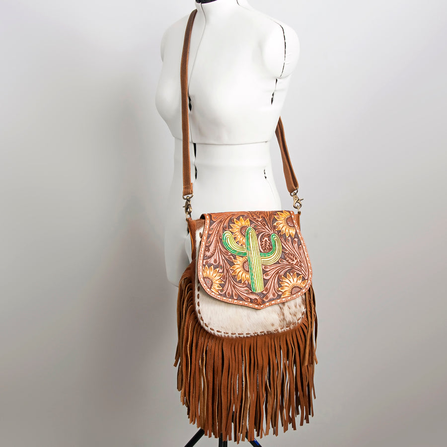American Darling Messenger Bag Hand Tooled Sunflower Cactus Leather with Fringes Western Crossbody 11.5in x 11.5in