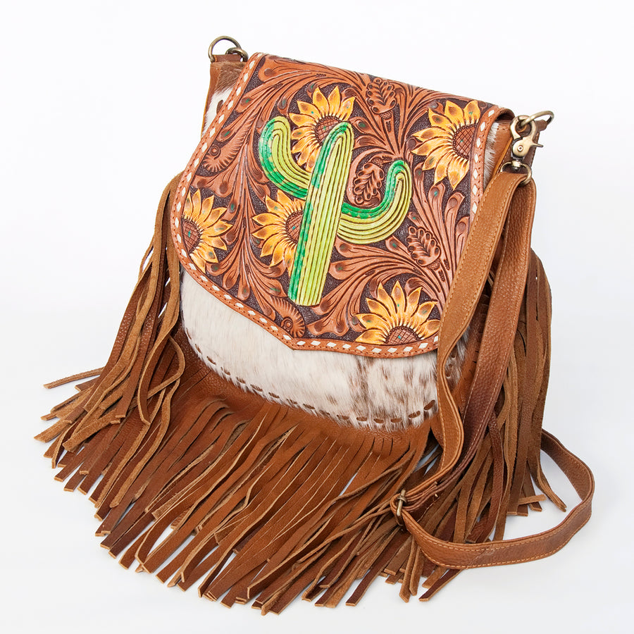 American Darling Hand Tooled Messenger Bag - Fringed Cowhide Western Leather Purse - Uhorse