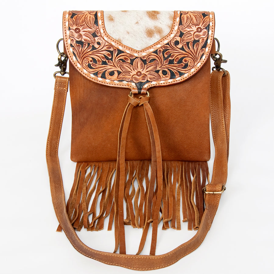 American Darling Messenger Bag Hand Tooled Floral Carved Leather Hair-On Cowhide Fringed Western Bag 10.5in x 11in
