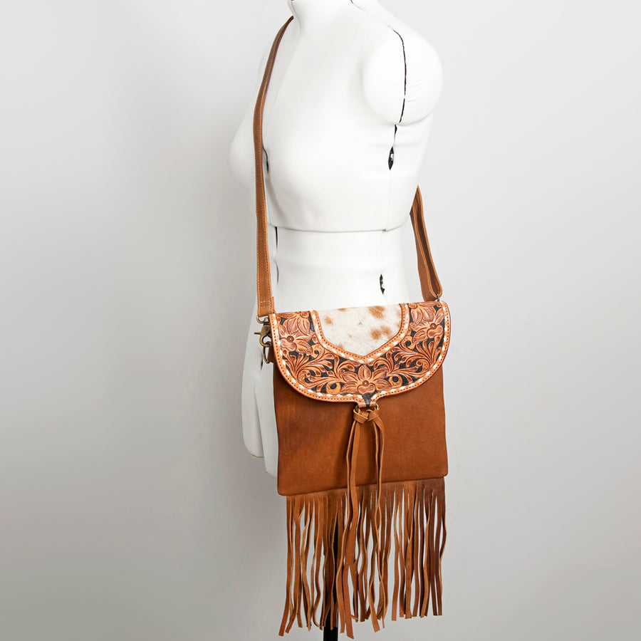 American Darling Messenger Bag Hand Tooled Floral Carved Leather Hair-On Cowhide Fringed Western Bag 10.5in x 11in