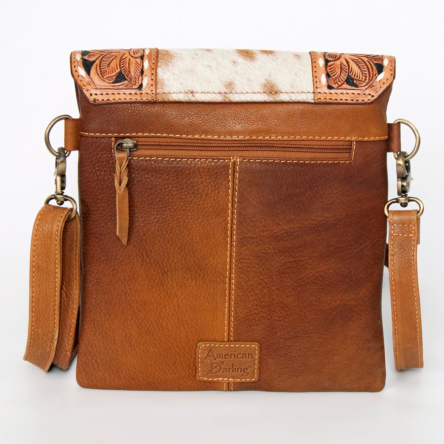 American Darling Messenger Bag Hand Tooled Floral Carved Leather Hair-On Cowhide Fringed Western Bag 10.5in x 11in