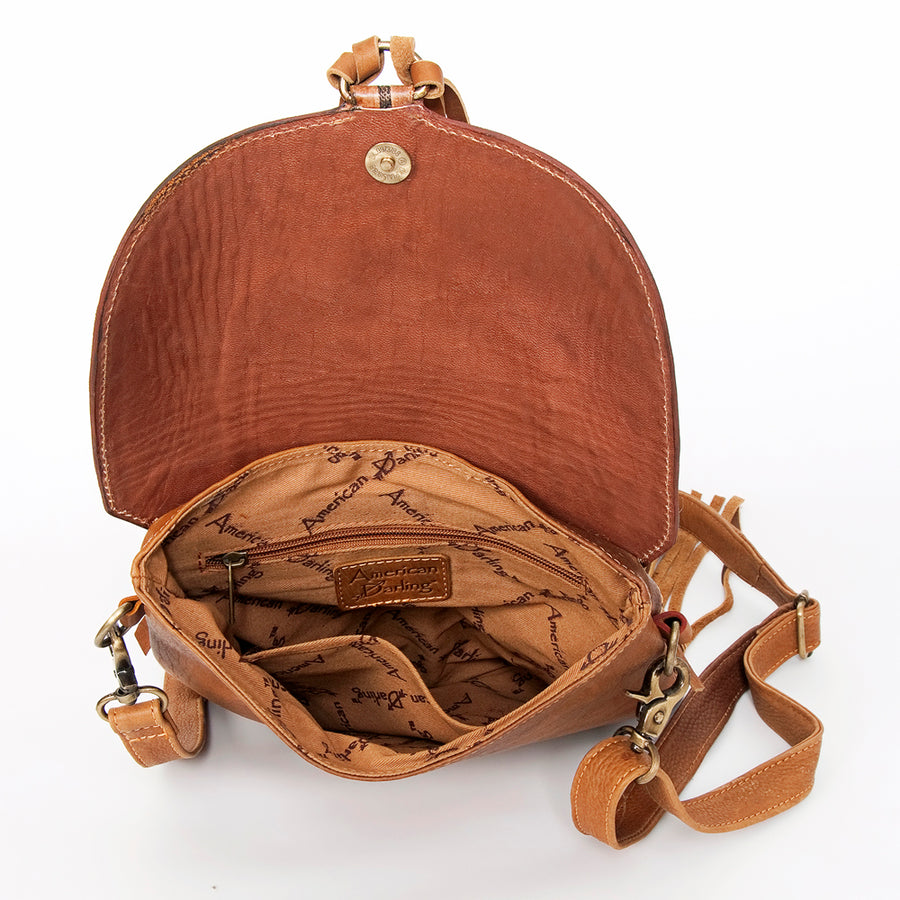 American Darling Messenger Bag Hand Tooled Floral Carved Leather Hair-On Cowhide Fringed Western Bag 10.5in x 11in