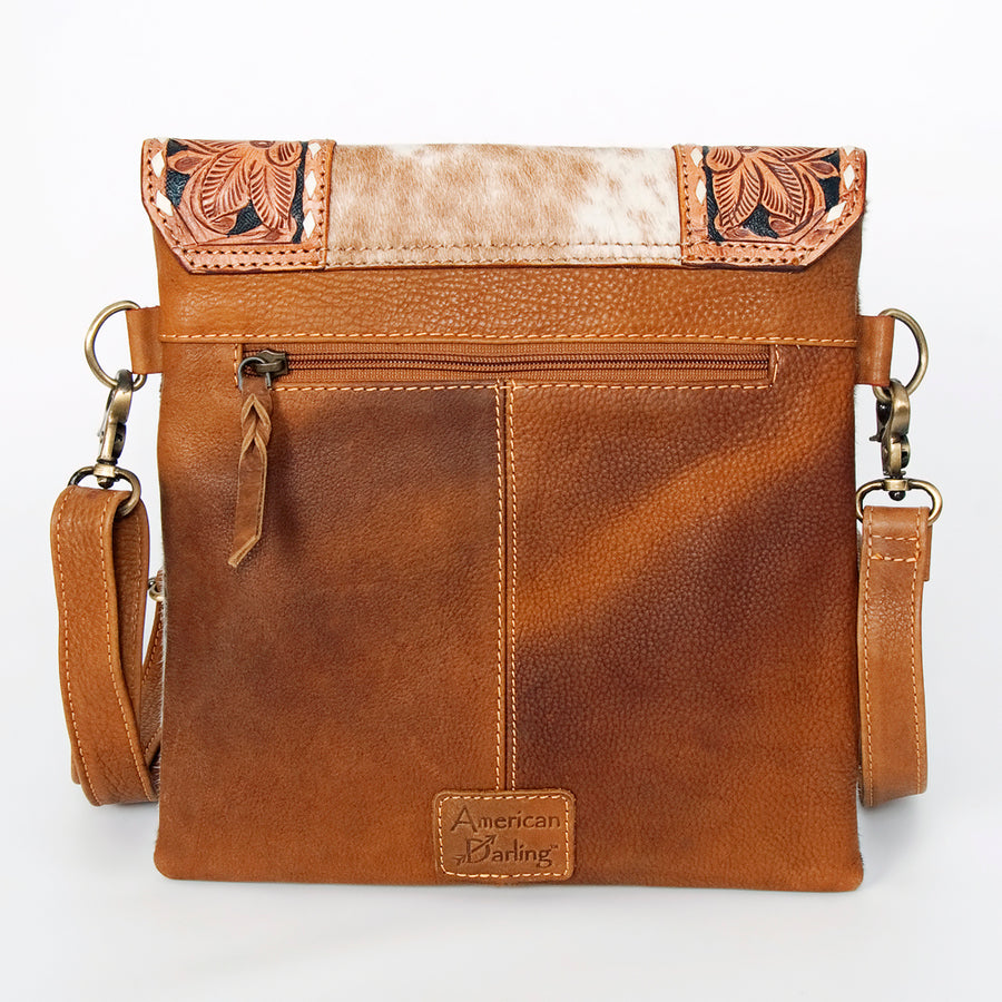 American Darling Messenger Bag Hand Tooled Floral Carved Leather Hair-On Cowhide Fringed Western Bag 10.5in x 11in